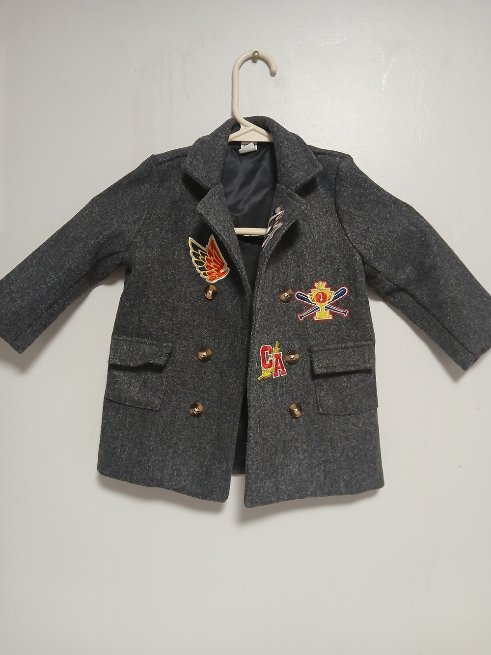 Kids Double-Breasted Charcoal Pea Coat with Embroidered Badges